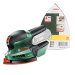 Bosch Ponceuse multifonction "Universal" sans fil PSM 18 LI outil seul sans batterie avec 3 feuilles abrasives, technologie Syneon + Set de 25 abrasifs pour Ponceuse multi Grains