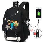 Minecraft Ryggsäck Svart USB Laddare Port Vattentät Resväska Skolväska 15 Dator Business Bag Vattentät Mochilas Gold