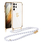 Vauki Coque pour Samsung Galaxy S21 Ultra 5G avec Cordon, Galvanisé Etui Housse avec Motif Flore, TPU Case Antichoc avec Collier Bandoulière pour Samsung S21 Ultra 5G, Blanc