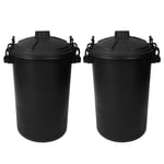 2 x 80L Black Platic Dustbin With Lid Heavy Duty Kitchen Garden Feed Storage UK