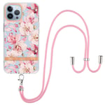 iPhone 15 Pro Skal Blommönster med Strap Rosa Gardenia