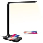 BIENSER LED Desk Lamp with Wireless Charger, USB Charging Port, Table Lamp with 10 Brightness, 5 Lighting Colors, Dimmable Eye-Caring Desk Lamps for Home Office, Touch Control, 30/60min Auto Timer