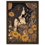 Artery8 Woman in Flower Field Midsummer Night Illustration Artwork Framed Wall Art Print A4