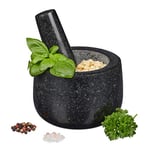 Relaxdays Mortier en granit avec pilon, robuste, pour épices, herbes, mortier en pierre polie, d. 12 cm, 300 ml, gris