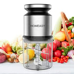 Mini Meat Grinder, Homeasy Mini Food Processor Food Grinder 600ml Stainless Steel Small Chopper for Salad, Sauces, Vegetables, Meat, Fruits and Nuts, 300W and 4 Sharp Blades