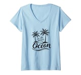 Womens All She Wants Is The Ocean - Retro Summer Tropic Island V-Neck T-Shirt