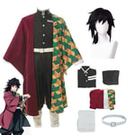 Mub- Fitspi Anime Demon Slayer Kimetsu No Yaiba Tomioka Giyuu Cosplay Costume Suit Uniforms Costumes Wig Child Adult Party Costume Suit Wig XXL