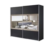 Rauch Möbel Armoire à Portes Coulissantes Tarragone, Gris Métallique/Chêne Sanremo Clair, 2 Portes avec Miroir, Comprend Un Pack d'Accessoires Basic 2 Étagères, 2 Tringles à Linge