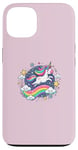 Coque pour iPhone 13 Licorne ludique volant à travers le ciel étoilé avec arc-en-ciel