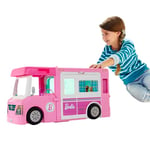 Barbie Camping-Car De Rêve 3-en-1, Entièrement Meublé avec Piscine, Pick-Up 4 Places, Et Bateau, Plus de 60 Accessoires Inclus, Un Camping-Car, Jouet pour Enfant de 3 Ans et Plus, GHL93