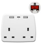 Extension Lead, 2 Way Power Strips with 2 USB and 1 USB C, Extension Plug Adapter(13A/2500W), Multi Wall Plug Extender for Home, Travel, Office, Double UK Socket Adapter for Phone, Tablet, White