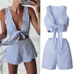 Womens Striped Co-ord Set Mini Playsuit Jumpsuit Summer Beach Crop Tops + Shorts