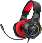 NX200 Casque Gaming pour PS4/PS5/Xbox One/Xbox Series XS/PC/Mobile/Tablette, Casque Stéréo Gamer avec Microphone Cardioïde Pliable, Casque de Jeu avec Effet Lumineux RVB - Rouge