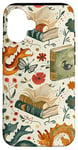 Coque pour iPhone 16 Motif de ver de bibliothèque Cute Dragon Books Cottagecore