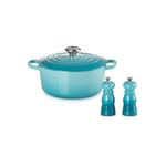 LE CREUSET Signature Enamelled Cast Iron Round Casserole Dish with Lid + Le Creuset Classic Salt & Pepper Mill Set, Personal Use, Chip-Resistant ABS Plastic, Anti-Corrosion, 11 cm, Teal