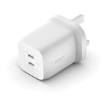 Belkin 65W Dual USB Type C Wall Charger, Fast Charging Power Delivery 3.0 with GaN Technology, USB Plug fast charger for iPhone 15, 14, 13, iPad, MacBook, Samsung Galaxy S24, Pixel and more - White