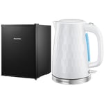 Russell Hobbs RHTTF67B 66 Litre Reversible Doors Table Top Mini Fridge, Black & Honeycomb Electric 1.7L Cordless Kettle (Fast Boil 3KW, White premium plastic,