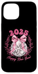 Coque pour iPhone 15 Ruban rose boule disco du Nouvel An 2025 | Happy New Year Party