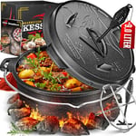 KESSER® Dutch Oven Set BBQ 9 litres, Marmite à feu avec dessous de plat en acier inoxydable, Casserole en fonte avec anse pour soulever le couvercle et fente pour le thermomètre, marmite de cuisson