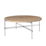 Gubi - TS Coffee Table - Round, Ø80 Polished Steel Base, Table Top Warm Taupe Travertine - Sidobord - GamFratesi - Beige - Metall/Sten