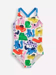 Mini Boden Kids' Cross-Back Printed Swimsuit, Oatmeal Rainbow Pets