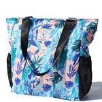 ESVAN Grand sac fourre-tout original à motif floral résistant à l'eau pour salle de sport, plage, voyage, sac quotidien amélioré, Feuille florale bleue, Large
