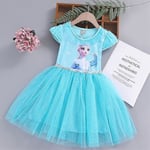 Barn Flickor Frozen Elsa Anna Prinsessa Kortärmad Tulle Tutu Klänning Cosplay Kostym Klä Upp[HK] Lake Blue 5-6 Years