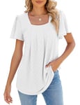 Akiooue Ladies Tops Size 14, Summer White Tops for Women UK Square Neck Tops Adult Shirts Flowy Fashion Work Office Blouses with Chic Hollow Out White Medium