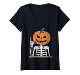 Womens Skeleton Pumpkin Head Halloween Spooky Bones Jack O Lantern V-Neck T-Shirt