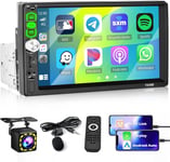 Autoradio 1 Din CarPlay et Android Auto,Poste Radio Voiture Bluetooth 5.1,7 Pouces écran Tactile HD avec Mirror Link USB EQ Caméra de Recul+Microphone(Q595)