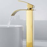 Robinet salle de bain lavabo haut cascade bec pour vasque,Mitigeur eau froide et chau moderne carré chromé trou simple (Doré)