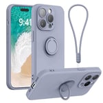 Galful Coque avec Cordon iPhone 15 Pro Max Etui,Silicone Housse iPhone 15 Pro Max avec Anneau Bracelet Case Mince Support Magnétique Microfibre Douce Antichoc Anti-Rayures Cover-Gris