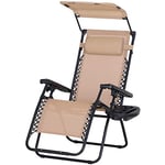 Outsunny Foldable Reclining Garden Chair with Headrest, Zero Gravity Deck Sun Lounger Seat Chair with Footrest, Armrest, Cup Holder & Canopy Shade, Beige