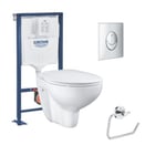 Pack WC suspendu sans bride GROHE Bau ceramic + Bâti support Solido + abattant + plaque ovale chromé + dérouleur