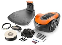 Flymo EasiLife GO 400 Robotic Lawn Mower for the perfect manicured lawn. Easy set-up and installation. Convenient app control. Quietly Safely cuts up to sqm, orange and grey, 400m2