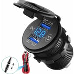 Motorcykel Dubbel USB Billaddare/QC3.0 Vattentät, 12V/24V/36W USB Laddare Uttag, med LED Digital Voltmeter och Strömbrytare, för Bilar, ATV, Buss(Blå)