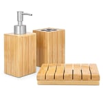 Navaris Bamboo Bathroom Accessories Set - 3-Piece Bath Set with Toothbrush Holder, Soap Dispenser, Organiser Tray - Natural Wood