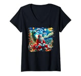 Womens Van Gogh Starry Night Santa Christmas Winter Snowy Night V-Neck T-Shirt