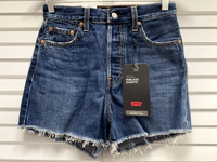 LEVIS Ribcage Dark Blue Denim Jeans Shorts 25"W Hague Raw Hem High Rise Straight