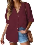 HOTOUCH Womens Casual Tunic Blouse V Neck Rolled Up Sleeve Cotton Elegant Plain Loose Button Down Shirts Polo Tops Wine Red L