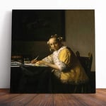 Big Box Art Canvas Print Wall Art Johannes Vermeer A Lady Writing | Mounted and Stretched Box Frame Picture | Home Decor for Kitchen, Living Room, Bedroom, Hallway, Multi-Colour, 14x14 Inch