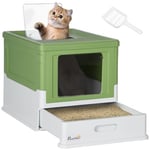 PawHut Bac à litière pour Chat Maison de Toilette fermé Pliable Double Porte battante et supérieure + Pelle + tiroir à litière Nettoyage Facile - 47,5 x 35,5 x 36,7 cm Vert Avocat Blanc