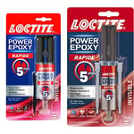 Loctite Colle Power Epoxy Rapide 5 Minutes 25 ml, Colle epoxy réajustable, colle forte résistante avec seringue auto-mélangeuse, colle résine epoxy transparente & Power Epoxy Rapid 5 min - 11ml