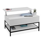 Relaxdays Table Basse avec Plateau relevable, 42x98x50 cm, Compartiment intérieur, Meuble de Salon, Blanc/Noir