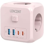 LENCENT Prolongateur de prise murale 7-en-1 EU Plug avec prises 3AC + 2 USB-A + 2 USB-C Cube Socket On/Off Adaptateur interrupteur pour la maison - Type Pink 3AC 2U2C #A