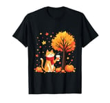 Cute Cat Holding Iced Coffee Under Fall Tree Autumn Cat Leaf T-Shirt