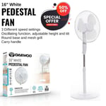 DAEWOO 16" White Pedestal Fan Floor Standing 3 Speed Silent Cooling Fan Portable