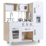 Cuisine Enfant, Cuisine Jouet pour Enfants, 81x74x30 cm Cuisine Enfant en Bois, avec Effets Lumineux et Sonores Simulés, Équipée d'Accessoires de Cuisine, Blanc