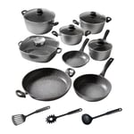 Lot de 18 casseroles antiadhésives adaptées à chaque table de cuisson – Batterie de 18 casseroles antiadhésives, en aluminium forgé avec revêtements en marbre rugueux et poignées en bakélite, noir