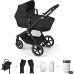 Vauvaperheen starttipaketti: CYBEX EOS Lux -yhdistelmävaunut, Moon Black, Aton B2 i-Size -turvakaukalo, Volcano Black, BASE ONE-jalusta + muut tar...